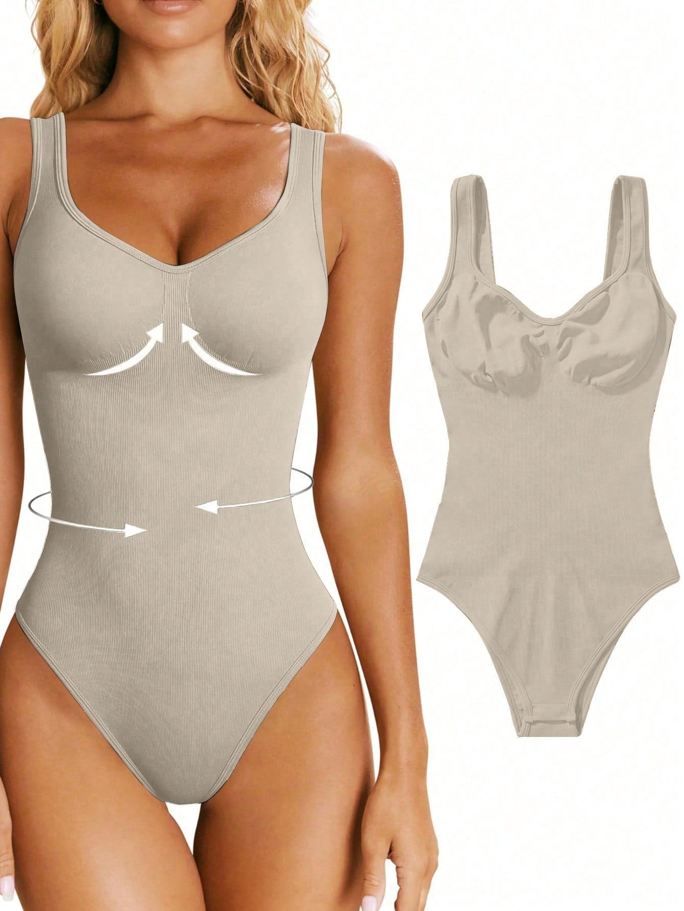 Nude seamless shaping bodysuit for women with wide straps, removable padding, slim sculpting fit