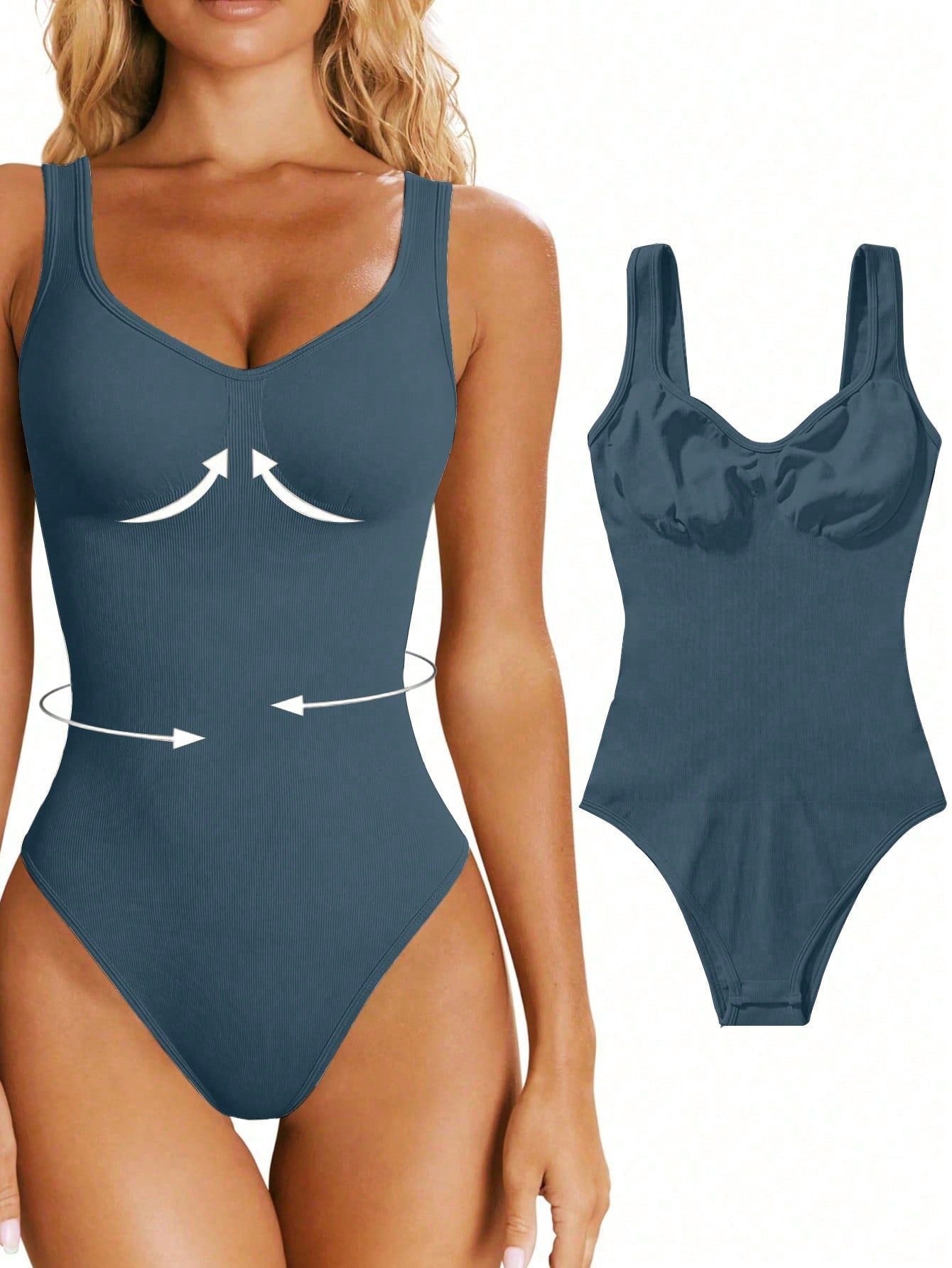 Nude seamless shaping bodysuit with wide straps, removable padding, and slim sculpting fit