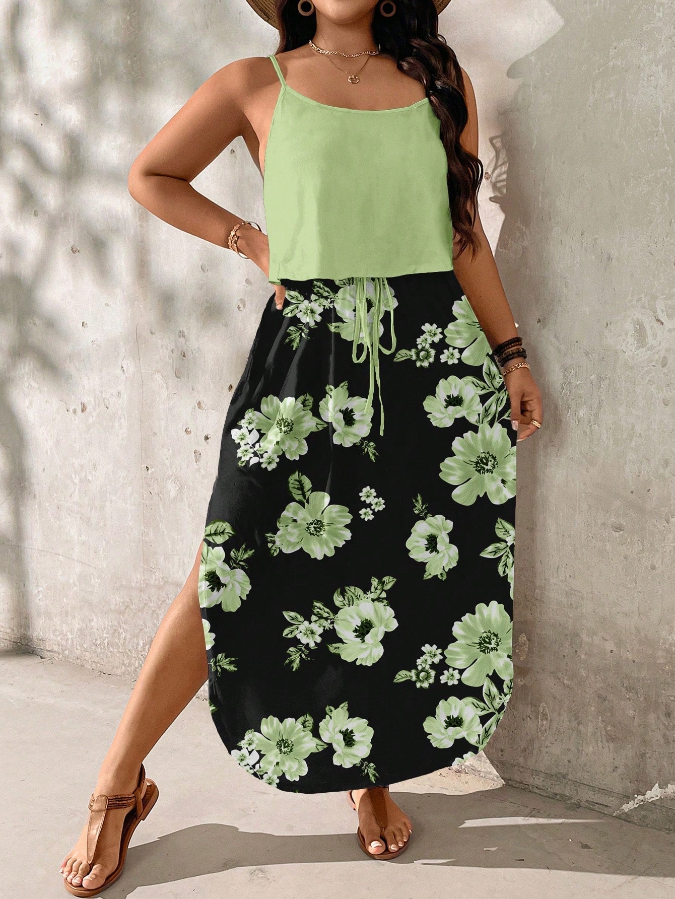 Plus size tie-dye midi summer set relaxed fit adjustable spaghetti straps breezy two-piece ensemble