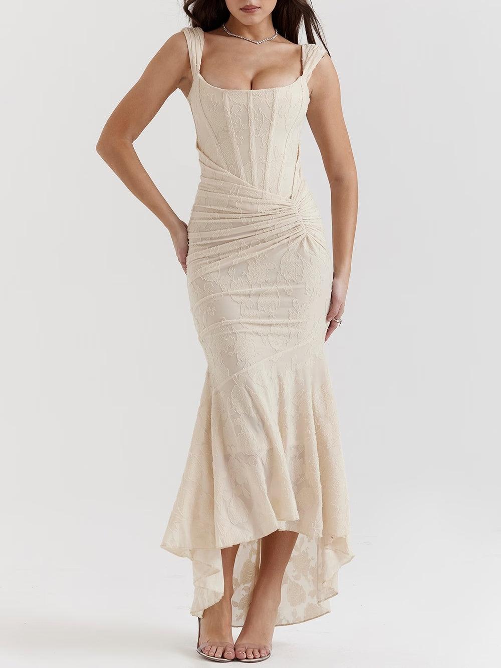 Structured square neck midi dress with ruched waist and high-low hem for evening elegance