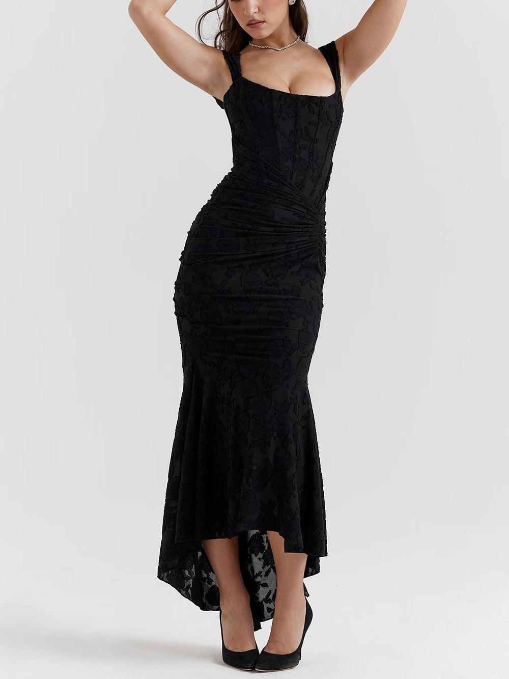 Structured square neck midi dress with ruched waist and high-low hem for evening elegance