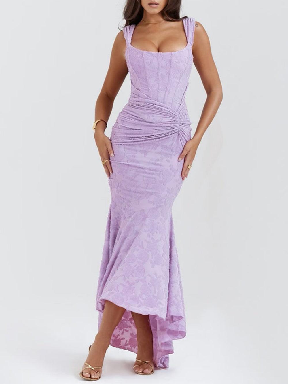 Structured square neck midi dress with ruched waist and high-low hem, fitted evening style