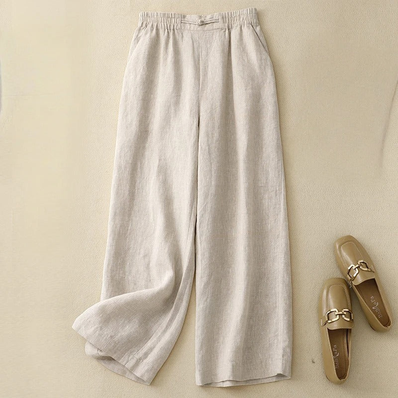 Soliva linen blend straight-leg pants with elastic back waistband, relaxed fit for everyday comfort