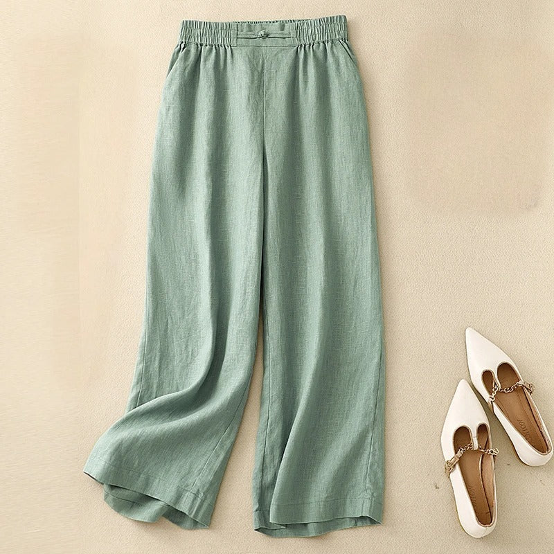 Soliva linen blend straight-leg pants with elastic back waistband, relaxed fit, breathable everyday wear