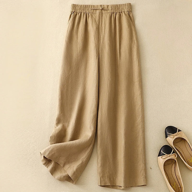 Soliva linen blend pants relaxed straight leg elastic back waistband breathable everyday comfort