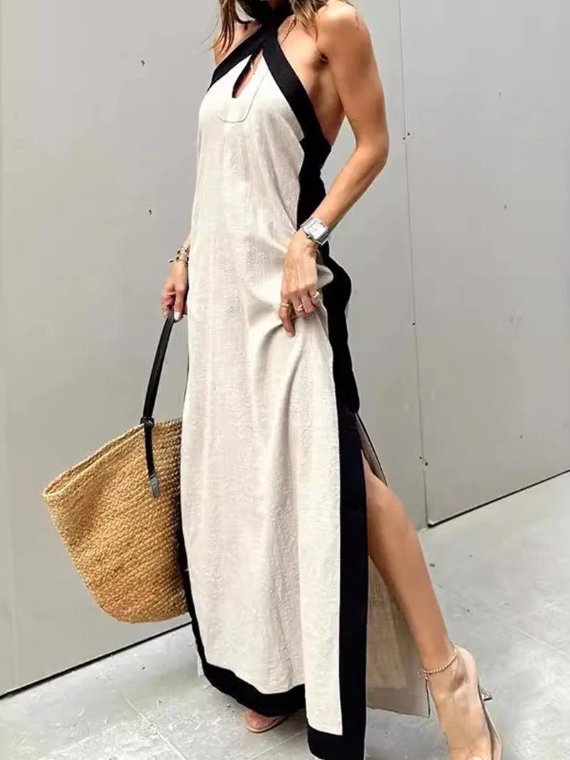 Women's beige halter neck maxi dress with hollow cutout slit, casual flowy fit for spring summer