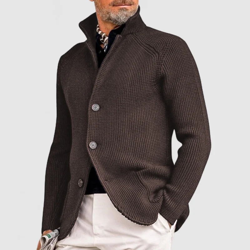 Men's ribbed knit cardigan with stand-up collar, versatile layering piece for smart-casual outfits