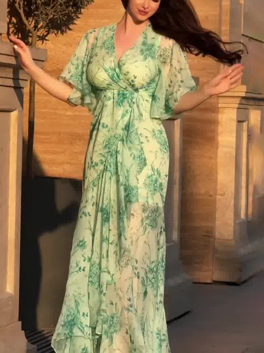 Retro floral wrap dress women V-neck trumpet sleeves botanical print flattering mid-waist fit