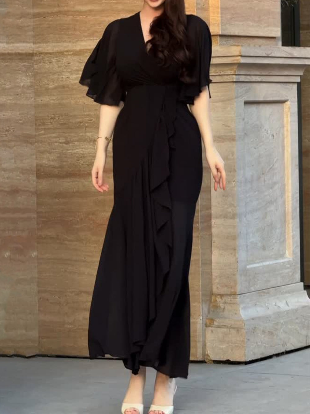 Retro floral wrap dress women V-neck trumpet sleeves botanical print flattering mid-waist fit