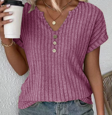 Women's ribbed knit V-neck top soft stretch fabric button placket summer essential