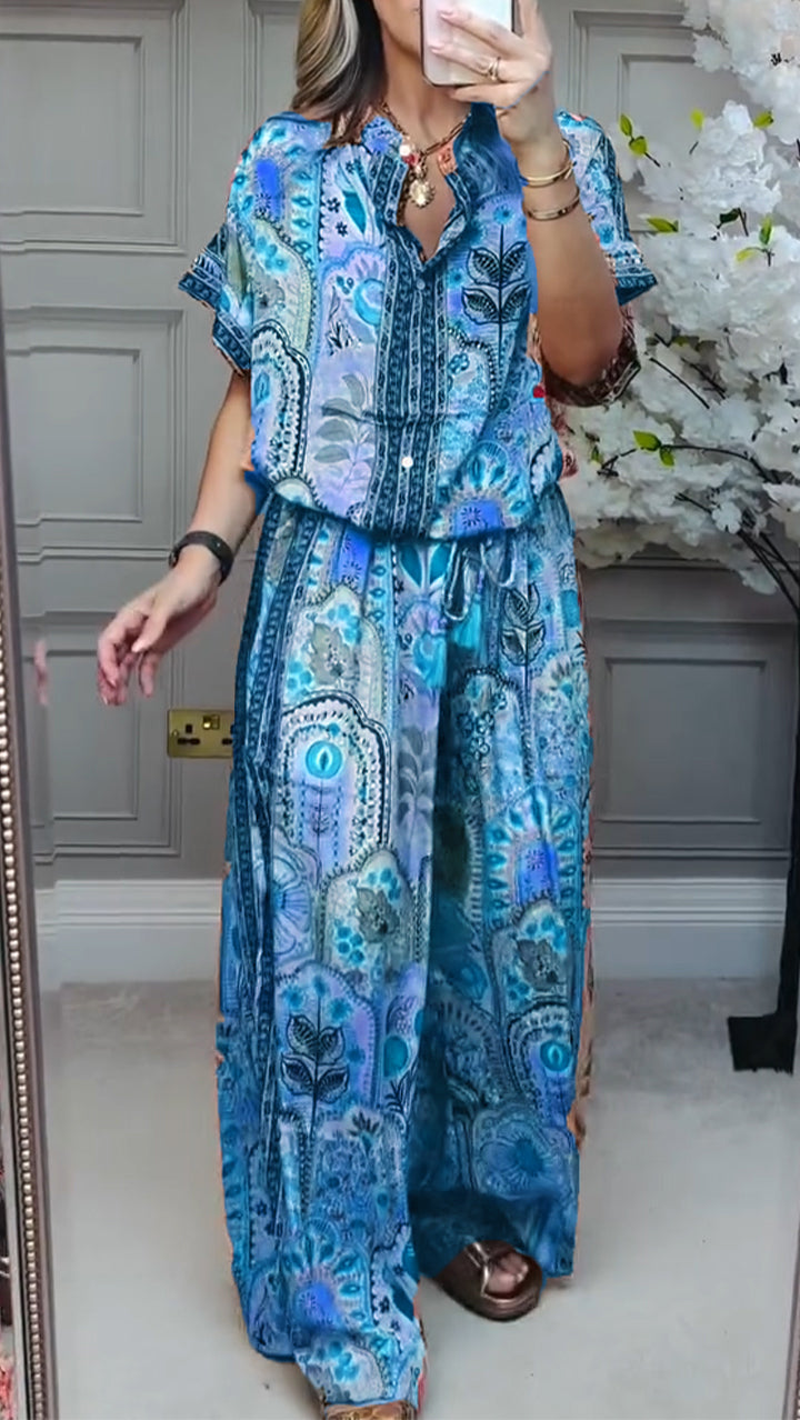 Women's printed loose casual two-piece set blended fabric round neck top matching pants spring summer