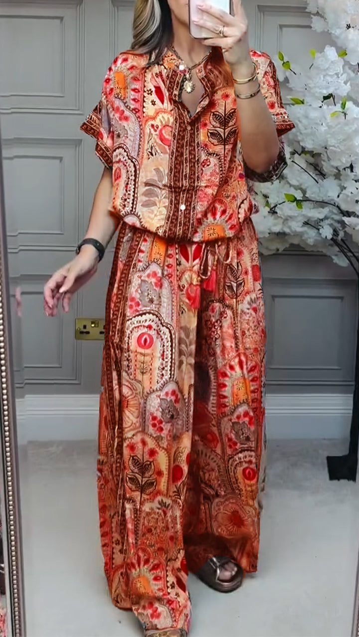 Women's printed loose casual two-piece set round neck top matching pants blended fabric spring summer