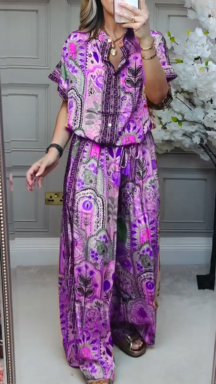 Women's printed loose casual two-piece set round neck blended fabric top and pants spring summer