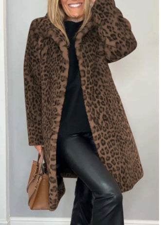 Women's mid-length leopard print faux fur coat, soft wool-feel fabric with spandex stretch