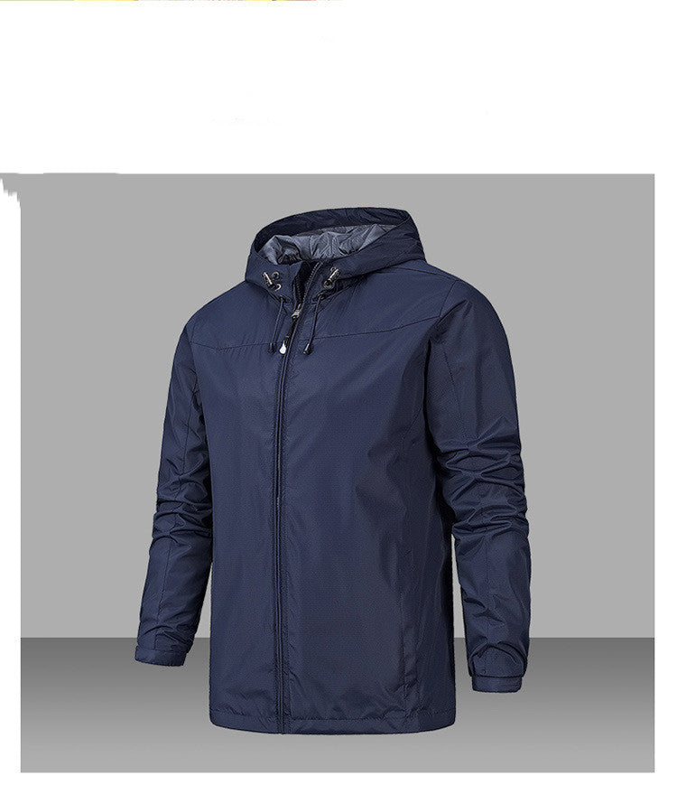 Men's lightweight waterproof polyester jacket with adjustable hood, windproof modern cut