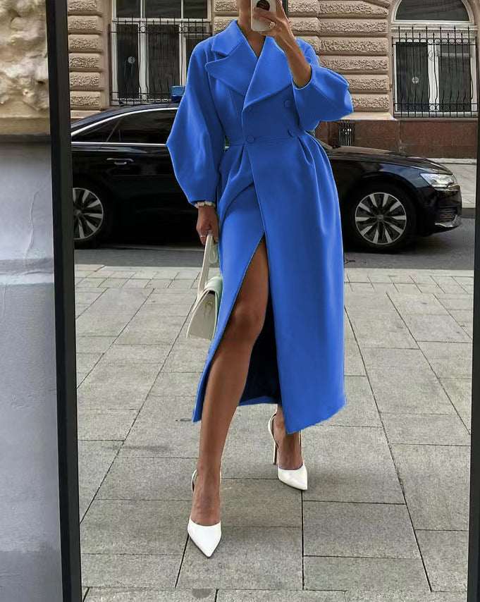 Women's vintage long coat with lantern sleeves, elegant retro classic style in timeless silhouette
