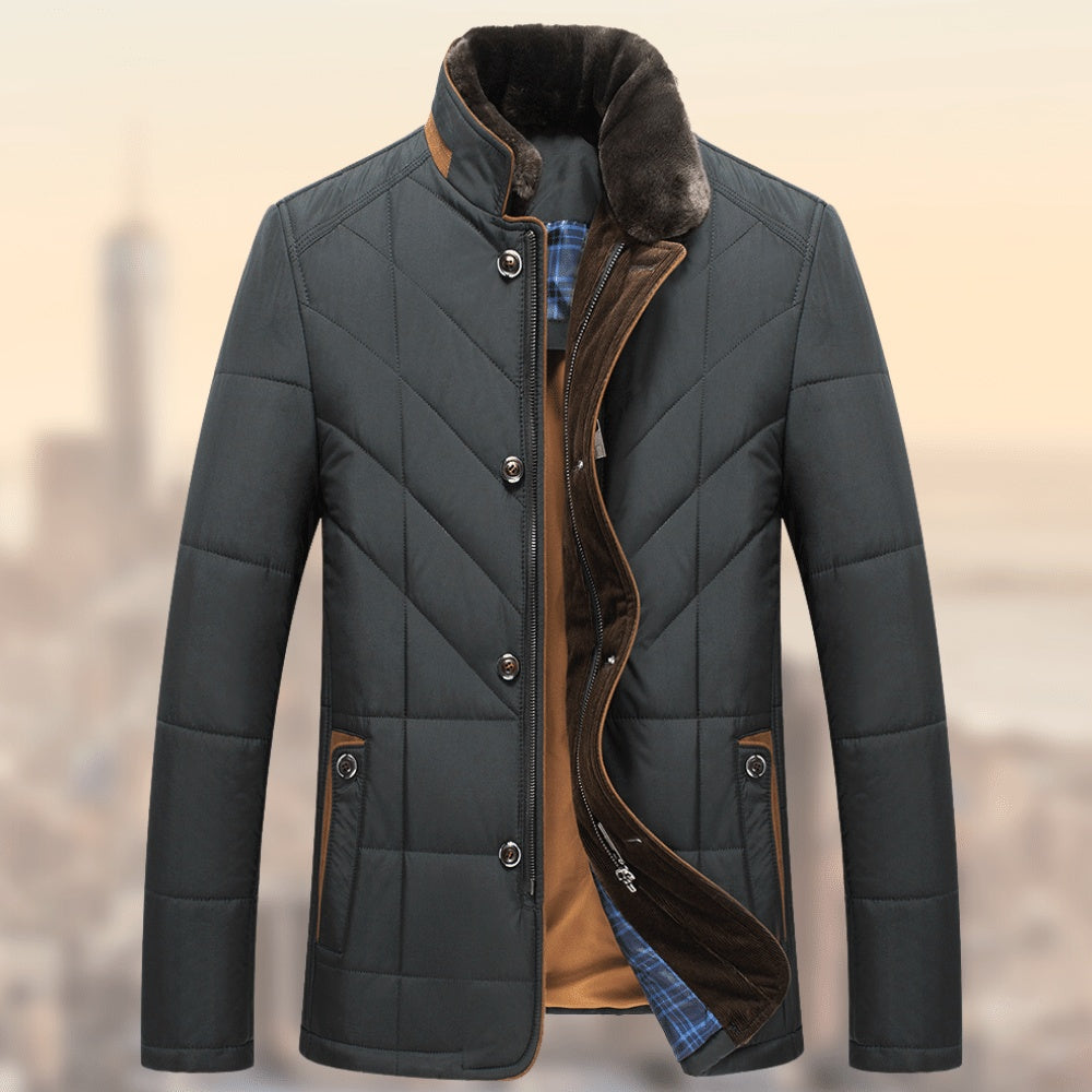 Women's black quilted winter jacket with fleece lining, stand-up collar, and dual zip closure