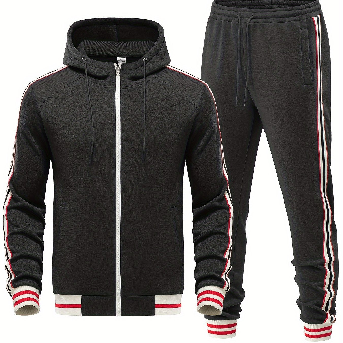 Men's gray hooded tracksuit two-piece set with full zip closure and sporty stripe detailing