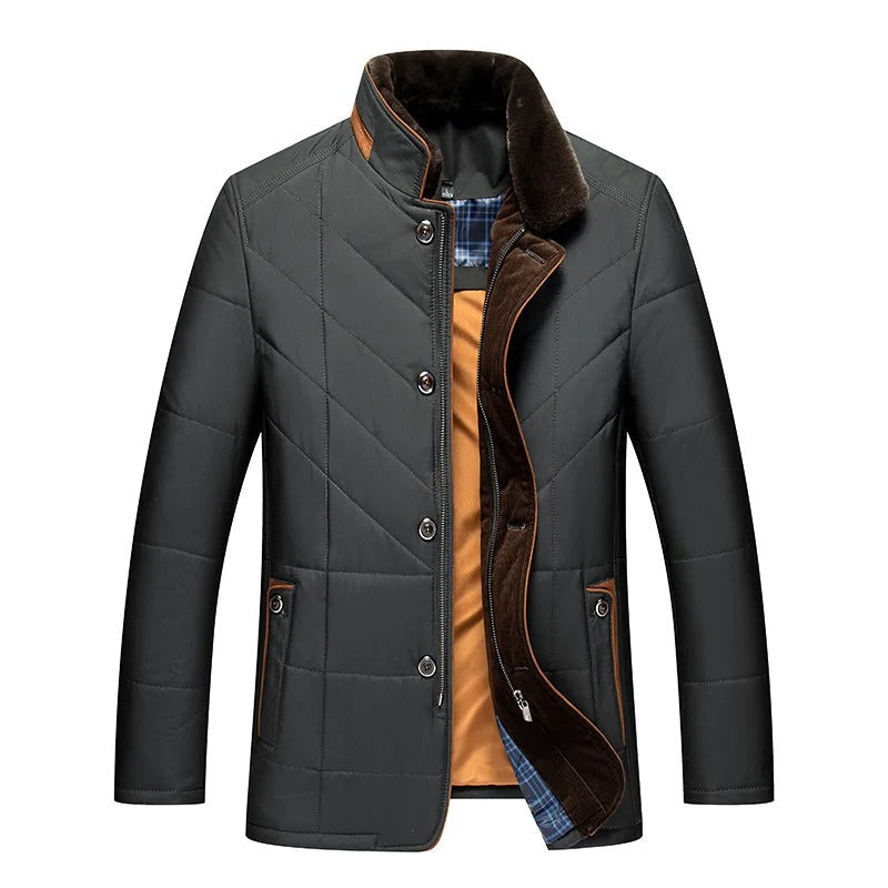 Men's black quilted padded jacket with fur collar and button-front closure for winter