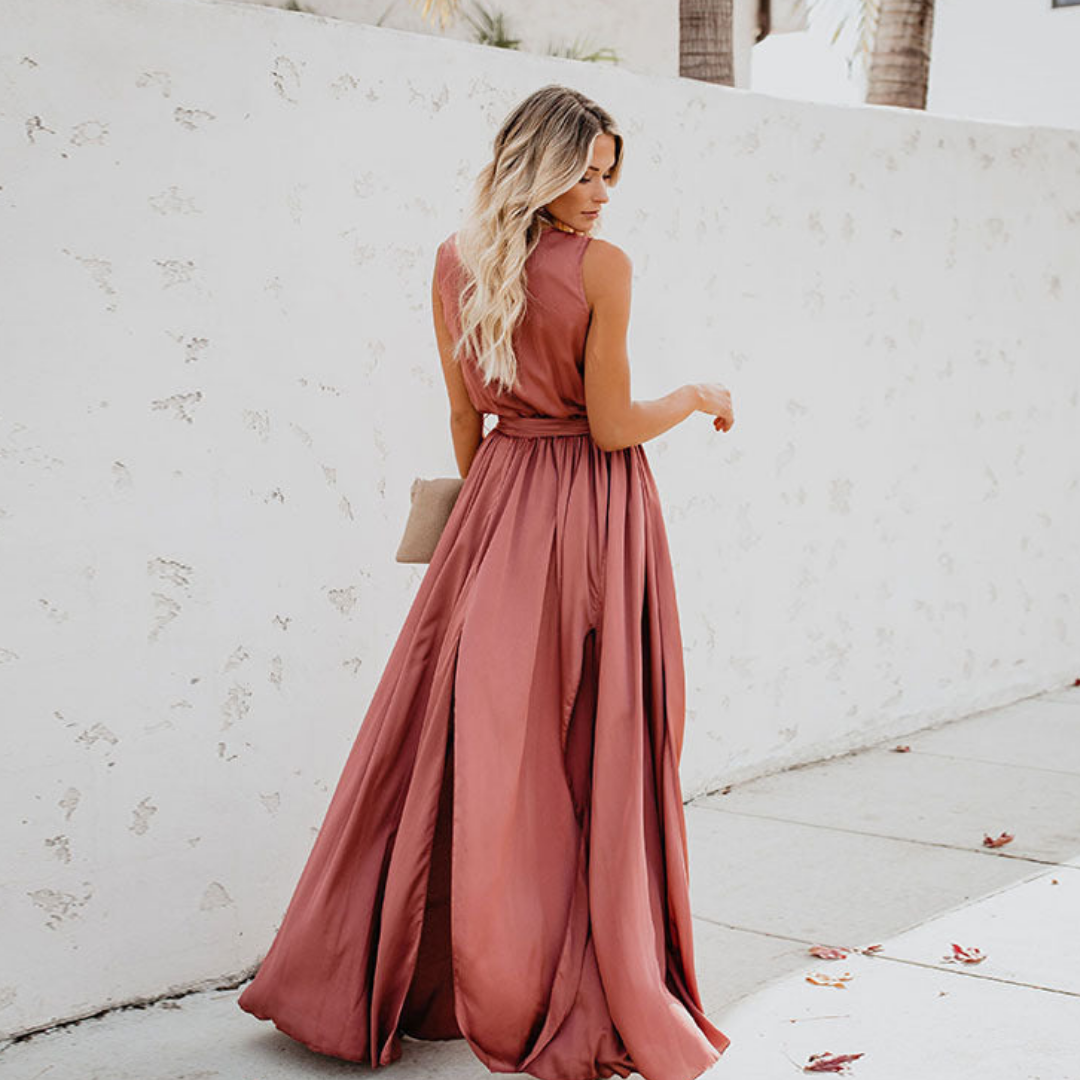 Ilona elegant long evening gown with side slit, adjustable belt, fluid drape, chic modern silhouette