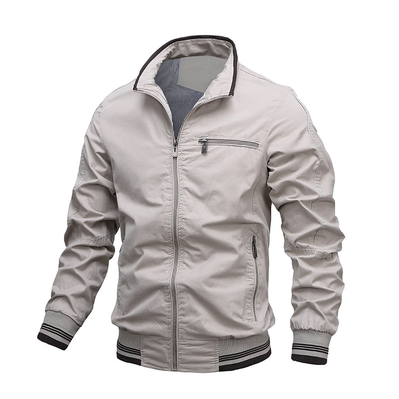 Men's casual washed cotton jacket regular fit stand collar zipper pockets everyday wear