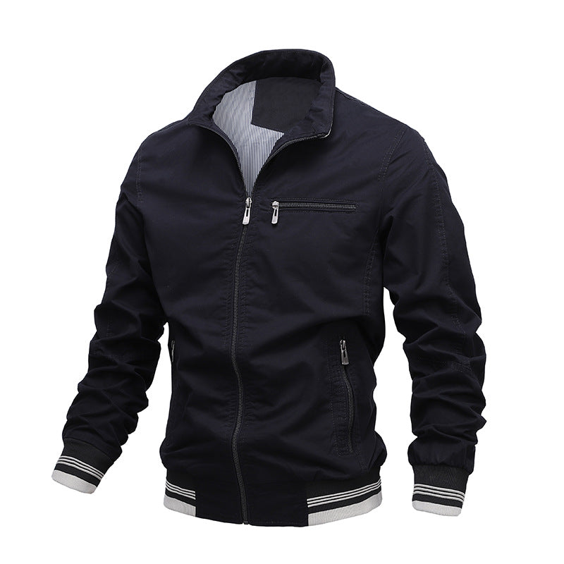 Men's regular fit washed cotton casual jacket with zipper stand collar and side pockets