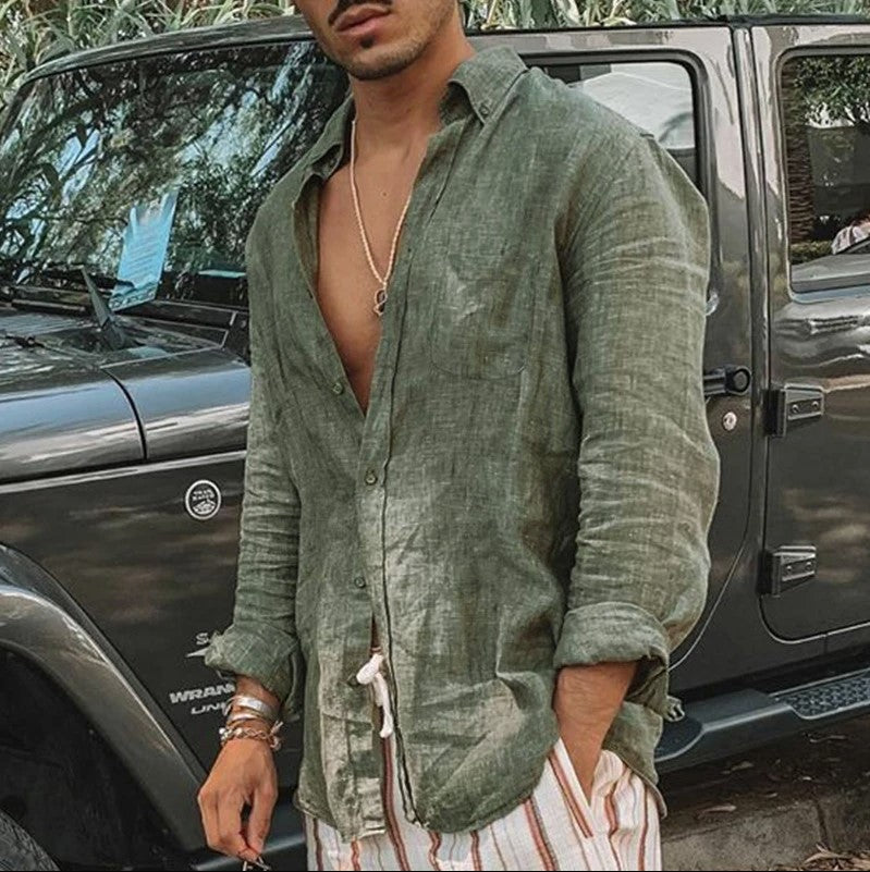 Men's cotton linen long sleeve shirt relaxed fit lightweight breathable casual summer style