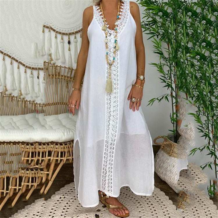 Women's breathable cotton maxi dress relaxed fit with lace trim and side slits for warm weather