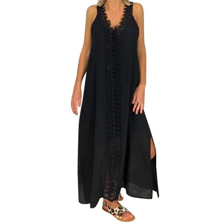 Women's breathable cotton maxi dress relaxed fit with lace trim and side slits warm weather style
