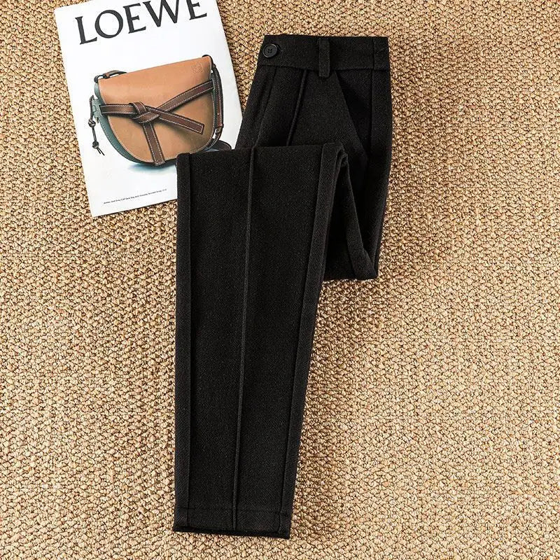 Women's herringbone wool blend high waist tailored pencil trousers, office-ready warm breathable fit