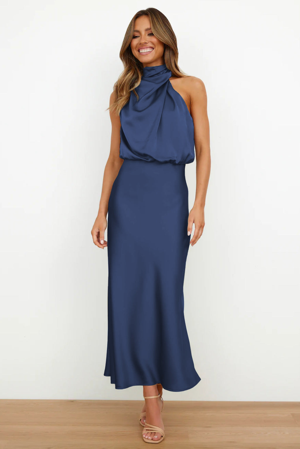 Diane satin maxi dress women halter sleeveless evening gown draped silhouette elegant sheen