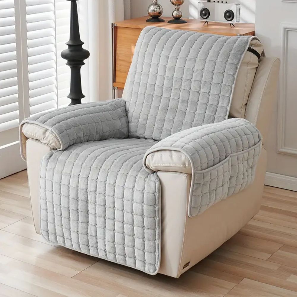 Plush grid microfiber recliner cover with protective arm covers in cozy contemporary style