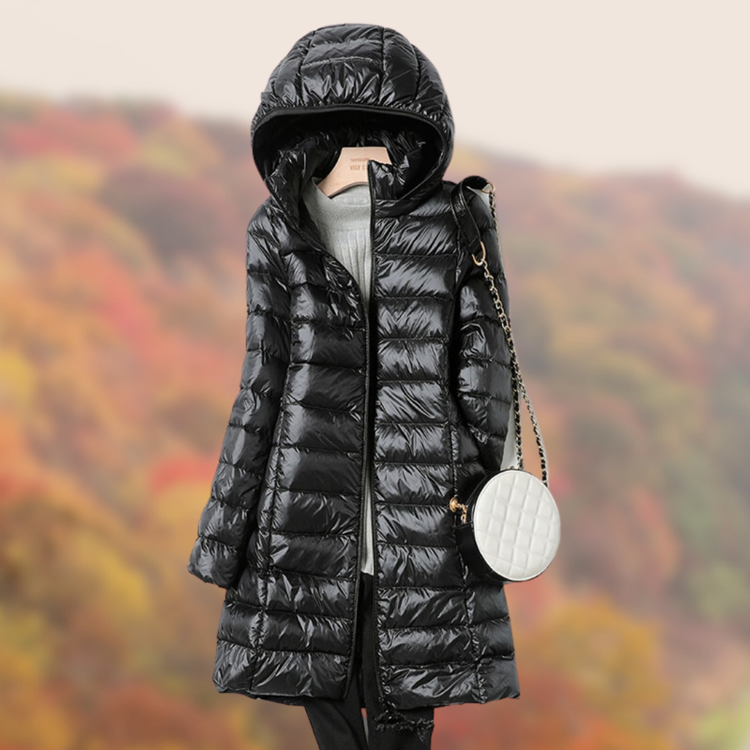 Women slim fit hooded puffer jacket lightweight flattering silhouette everyday warmth integrated hood