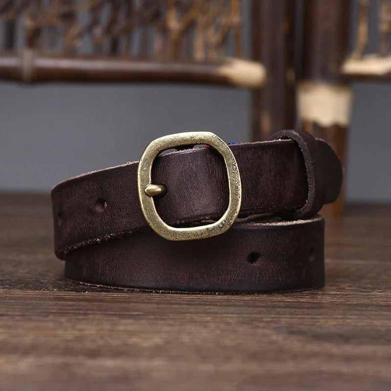 Men's full-grain leather belt distressed patina antique brass buckle hand-finished vintage style