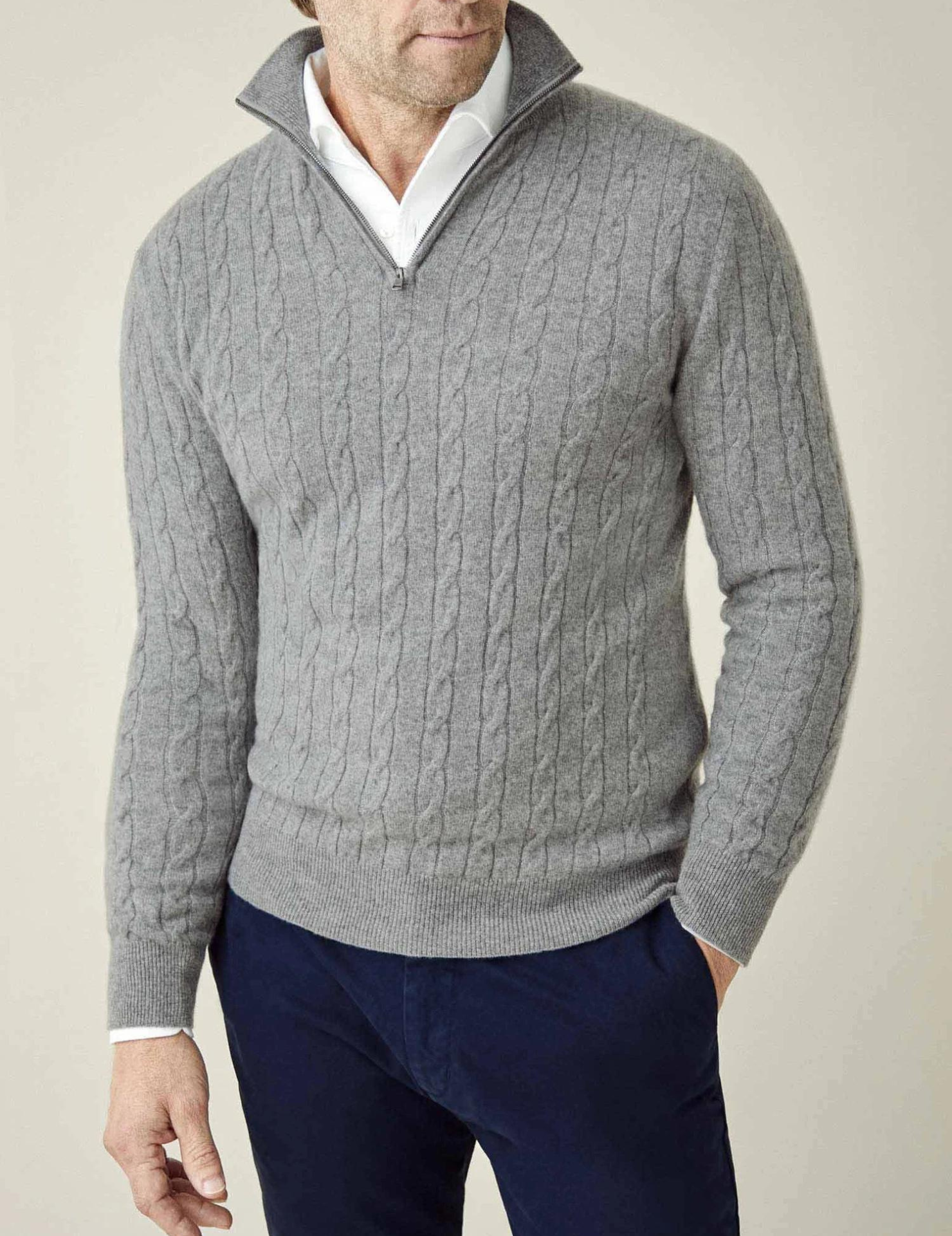 Men's cable knit wool blend half-zip sweater smart casual everyday warmth neutral tone