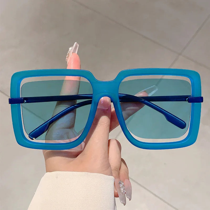 Unisex oversized square sunglasses matte translucent frames hollow-edge sculptural design gradient UV400 lenses