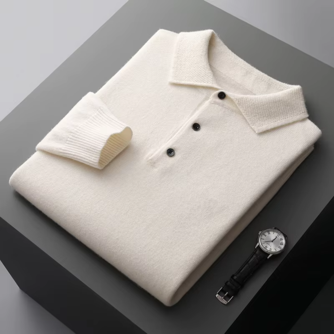 Men's merino wool polo sweater standard fit gray ribbed edges button closure breathable knitwear