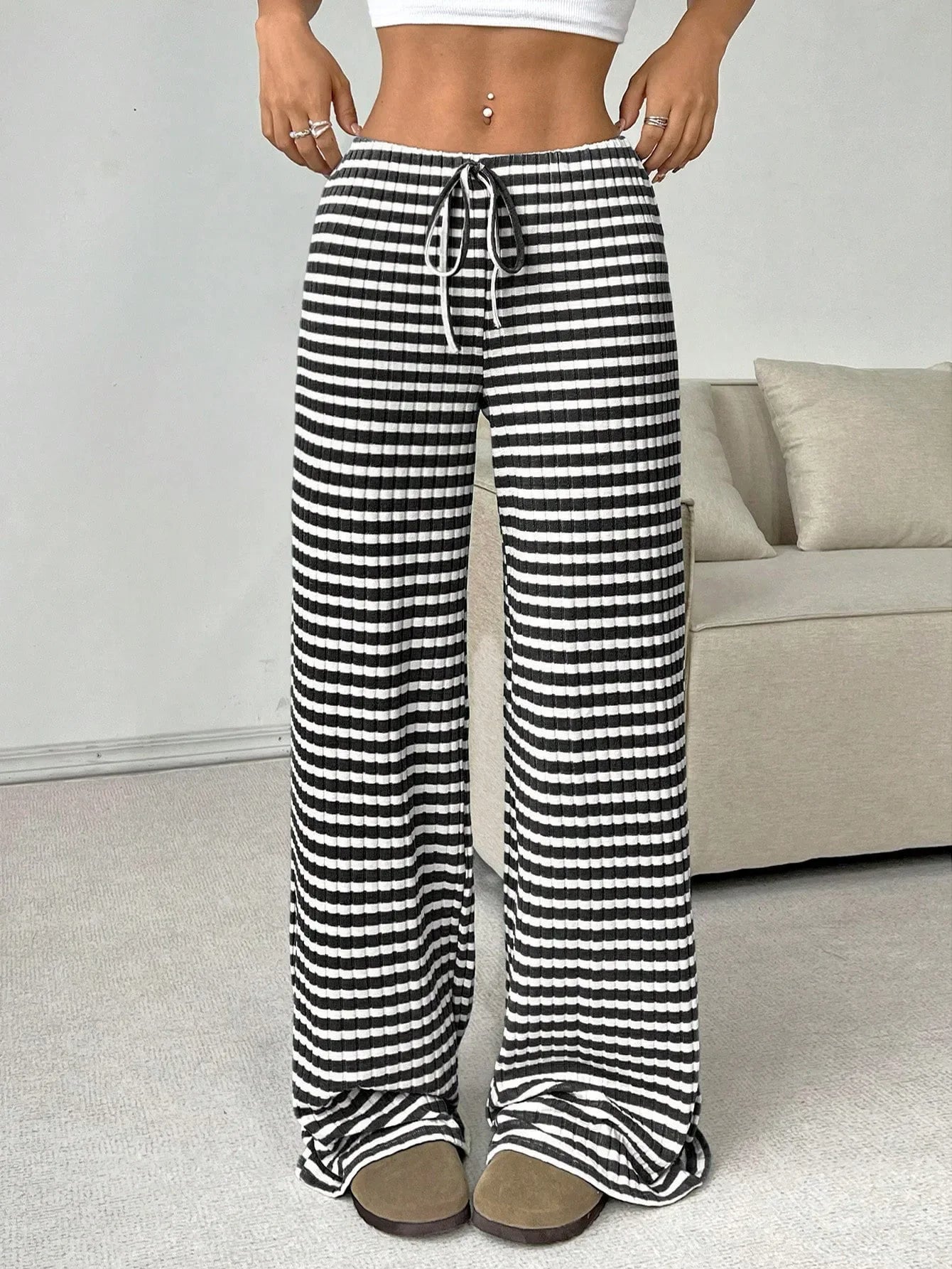 Women's wide-leg high-rise lounge pants in textured stripe-knit cotton blend, relaxed fit