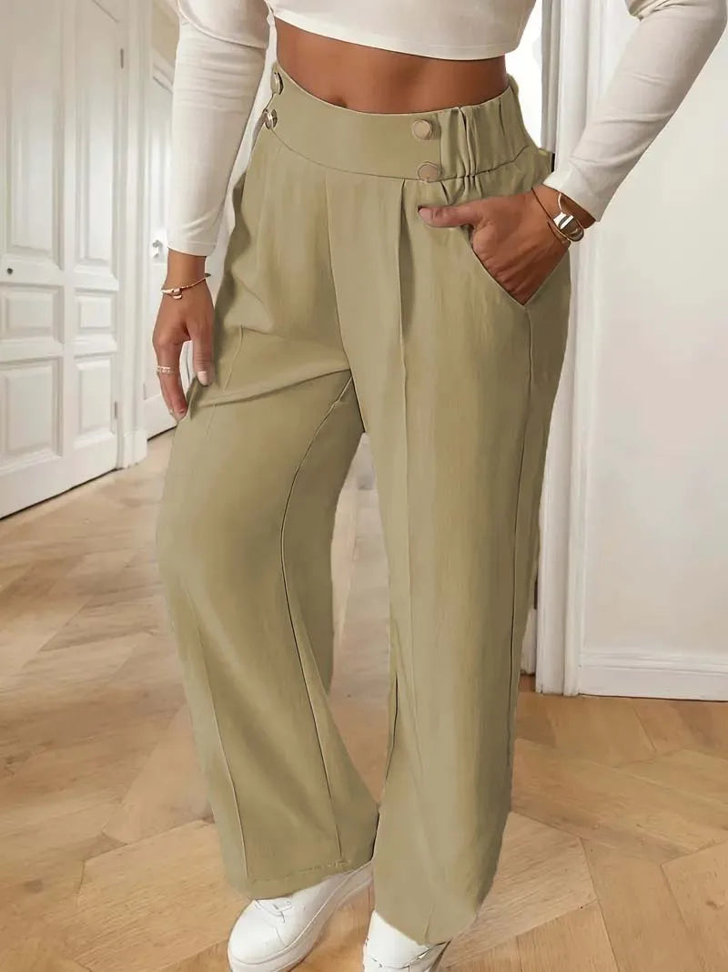 Margaux high-rise wide-leg trousers with button waist, soft pleats and stretch back waistband