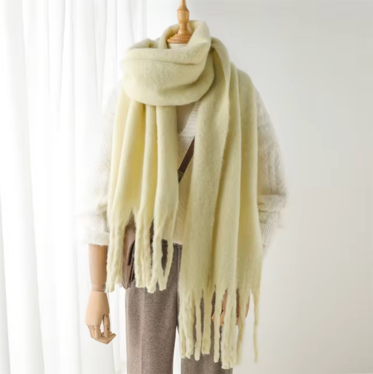 Women's cashmere-like winter pashmina scarf with long fringe, solid color, soft wrap style