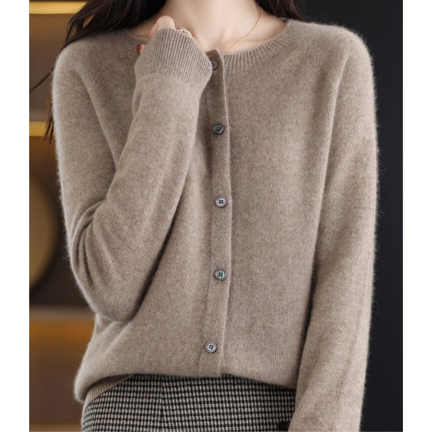 Women's merino wool cardigan gray round neck knit slim fit luxurious soft layering piece