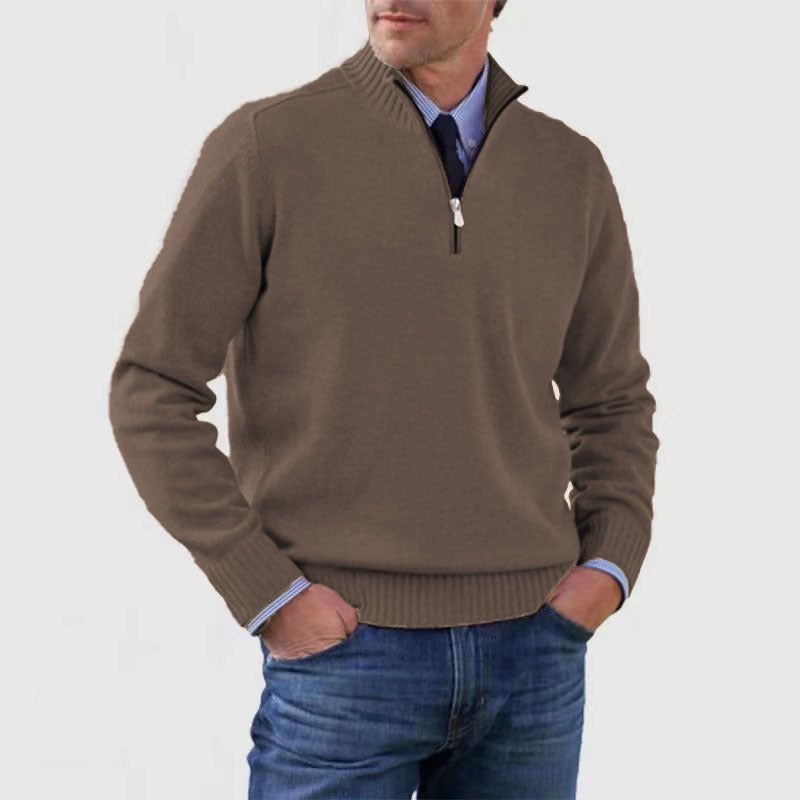 Men's cotton blend mock neck zip sweater in warm tones, slim fit with elegant office-ready style