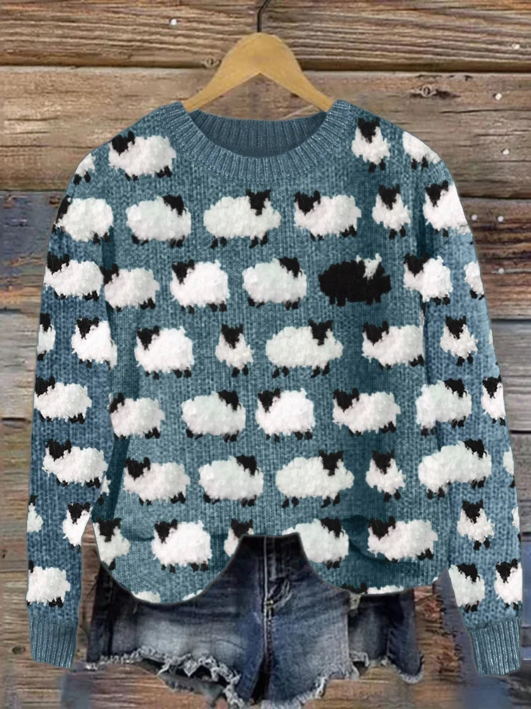 Women's cozy sheep pattern sweatshirt long sleeve casual lounge pullover in soft polyester fabric