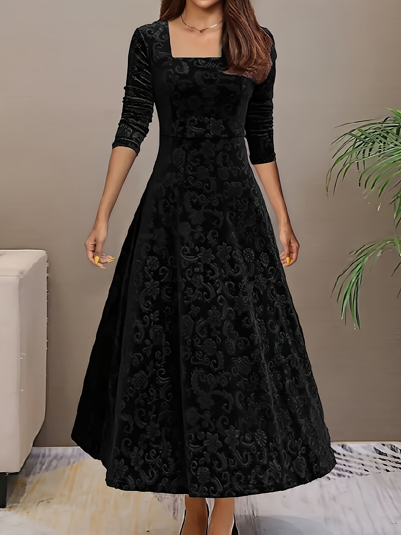 Elegant black velvet square neck dress with intricate floral embroidery, women's formal party wear