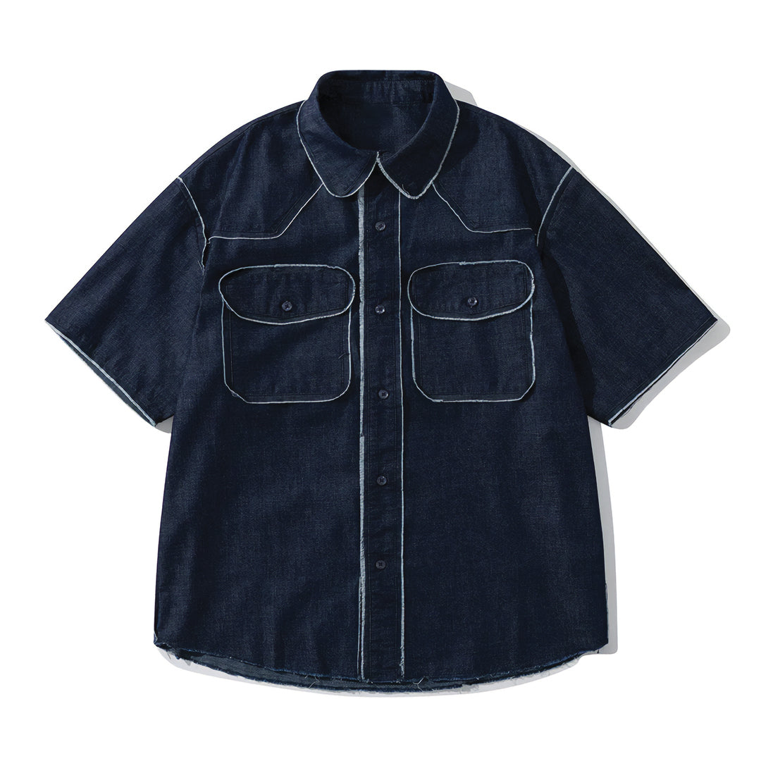 Blue relaxed-fit denim shirt bold weld stitching raw finish double chest pockets everyday style