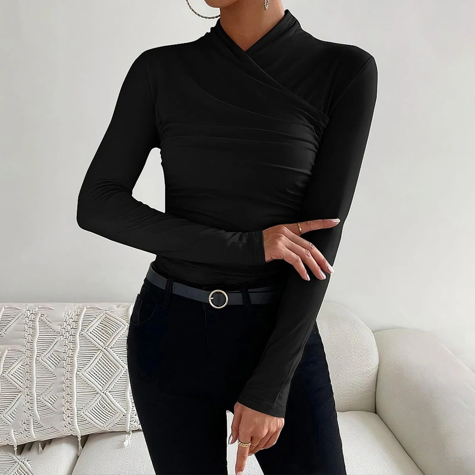 Women's slim fit wrap blouse long sleeve asymmetric high neck elegant Nordic style top