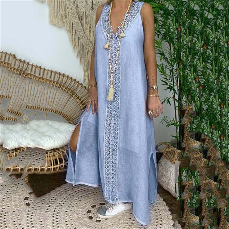 Women's breathable cotton maxi dress relaxed fit with lace trim and side slits warm weather style