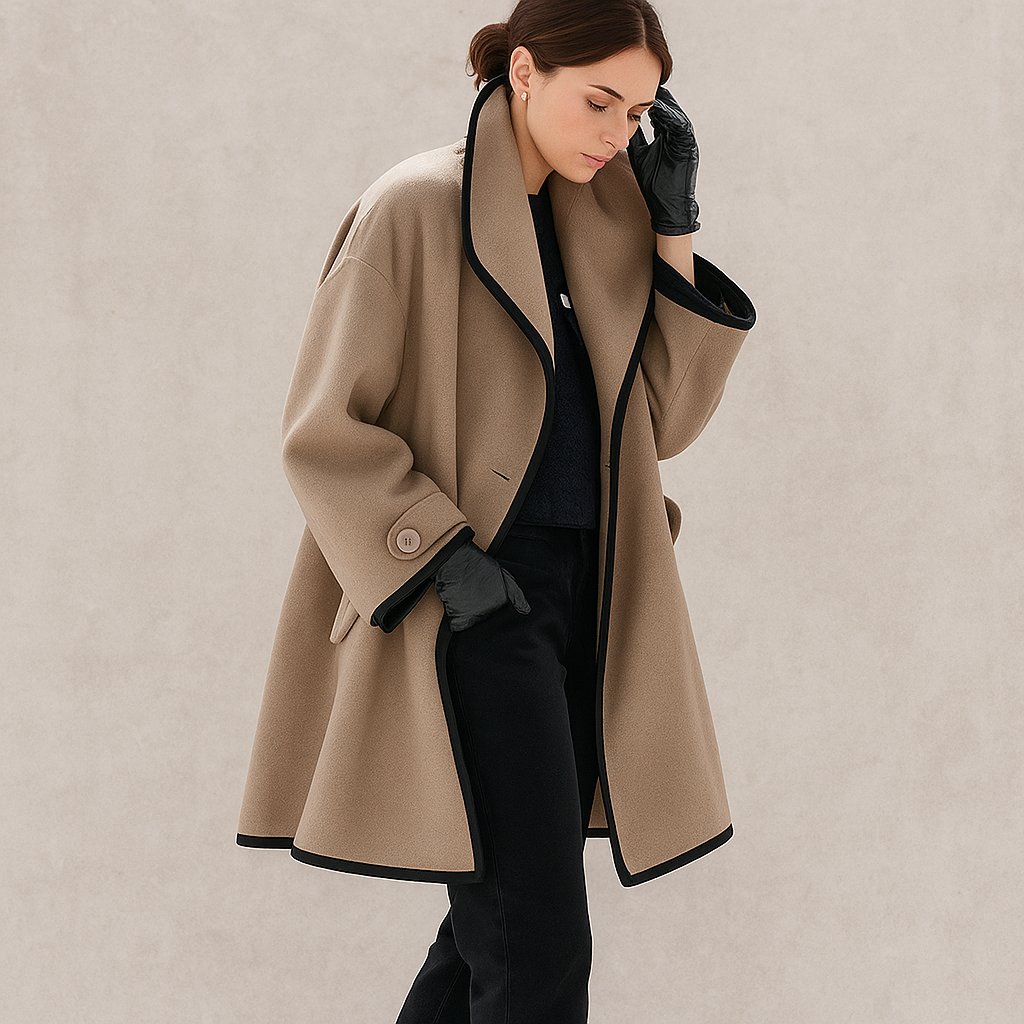 Women's oversize open-front trench coat with contrast trim, casual chic winter layering style