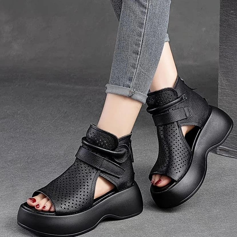 Women's beige vegan leather platform sandal with cutouts, cushioned insole, and adjustable ankle strap