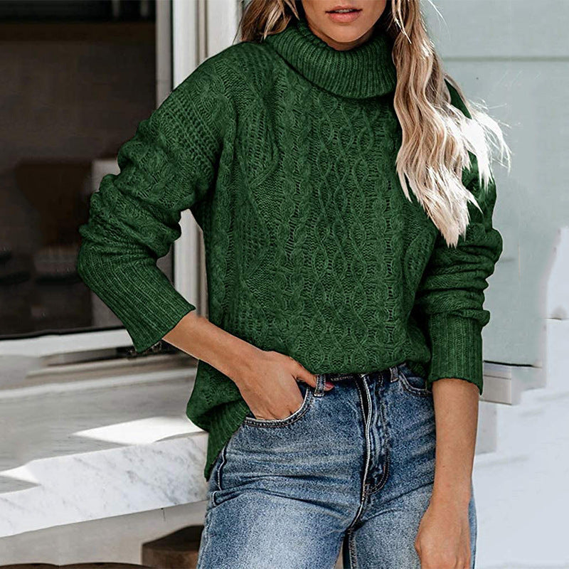 Women's ivory cable knit turtleneck sweater tunic length relaxed fit with classic texture